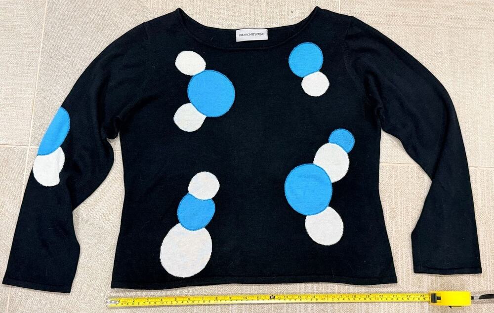 Sharon Young Black Long Sleeve Sweater with Blue and White Circle Intarsia